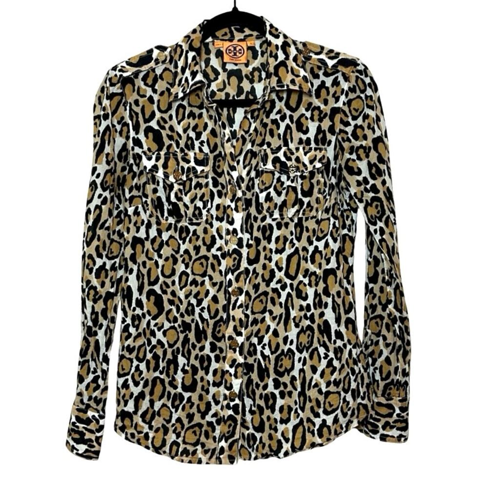 Tory Burch Women’s Leopard Print Button Down Long Sleeve Shirt Size 2